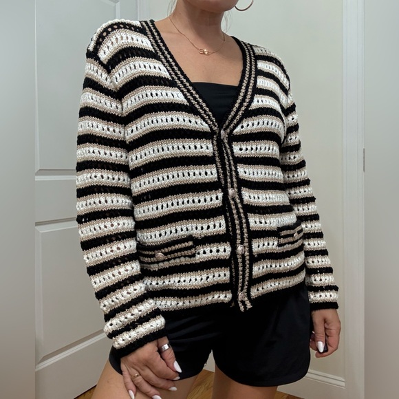 Striped Black, White and Gold Women's Sweater - Picture 9 of 12